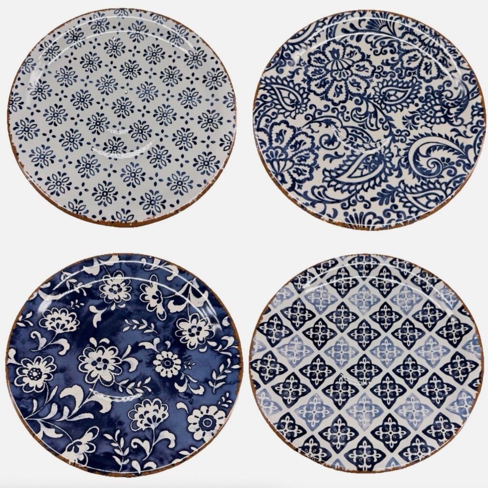 4 MELAMINE Salad Plate Set Blue White Medallion Jacobean Floral Rustic Summer 9"